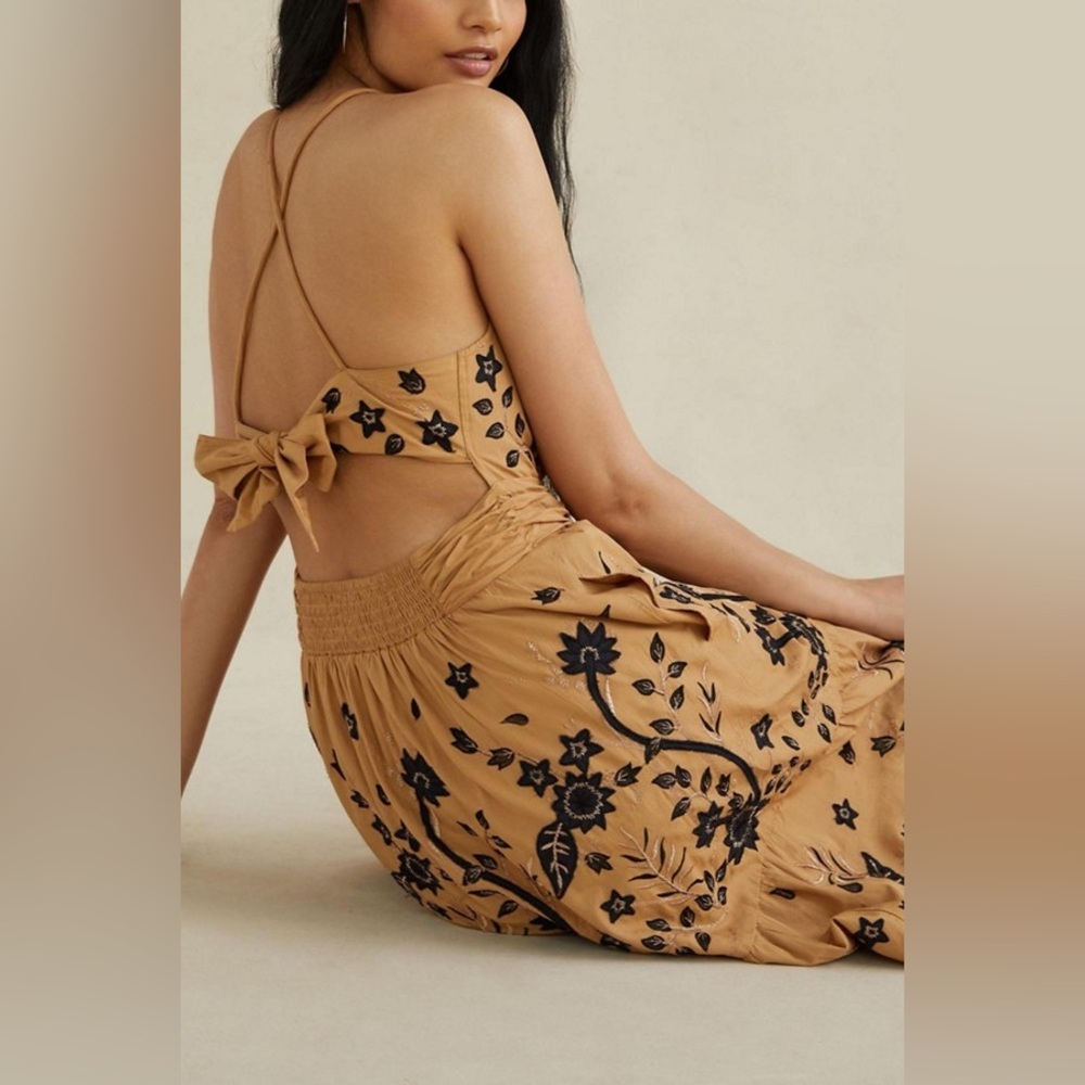 Anthropologie Maeve Tie Back Embroidered Halter Maxi Dress Honey Black Floral 4 - Picture 2 of 7